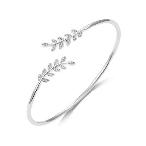 Silver Plated Leaf Bangle Created with Zircondia® Crystals