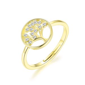 Gold Plated Adjustable Tree of Life Ring Created with Zircondia® Crystals