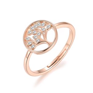 Rose Gold Plated Adjustable Tree of Life Ring Created with Zircondia® Crystals