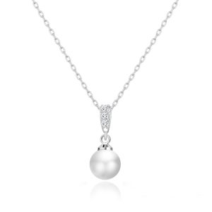 Silver Plated Pearl Drop Necklace Created with Zircondia® Crystals