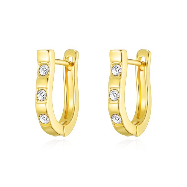 Gold Plated Three Stone Hoop Earrings Created with Zircondia® Crystals