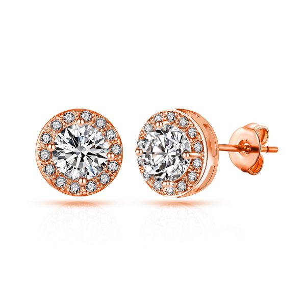 Rose Gold Plated Halo Earrings Created with Zircondia® Crystals