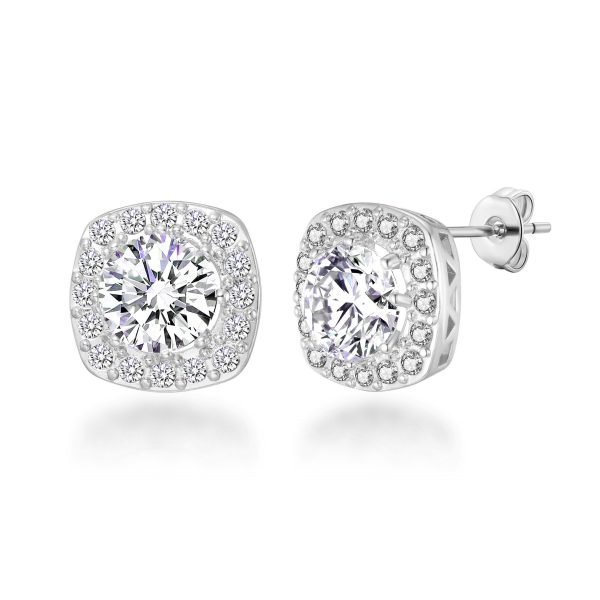 Silver Plated Square Halo Earrings Created with Zircondia® Crystals