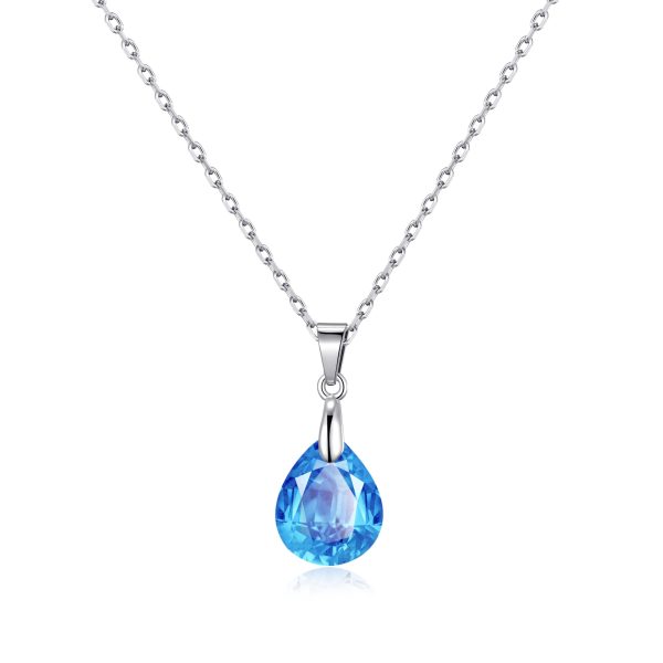 Sterling Silver Aquamarine Pear Necklace Created with Zircondia® Crystals