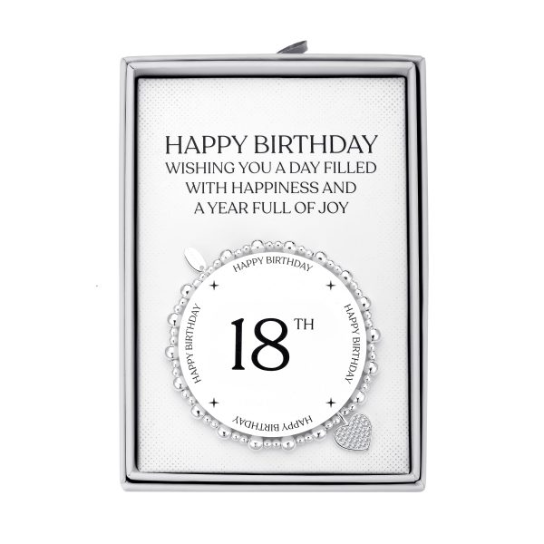 18th Birthday Heart Charm Stretch Bracelet with Quote Gift Box