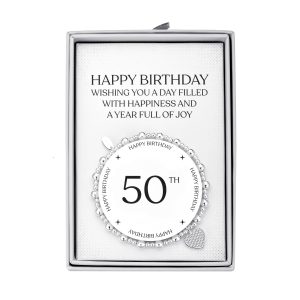 50th Birthday Heart Charm Stretch Bracelet with Quote Gift Box