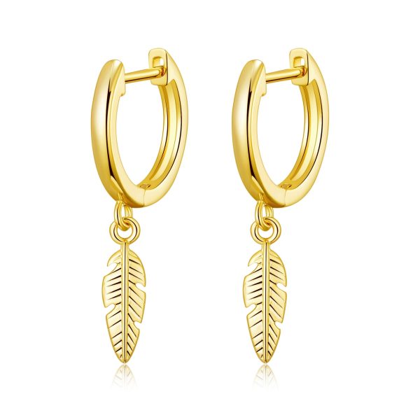 Gold Plated Feather Charm Hoop Earrings