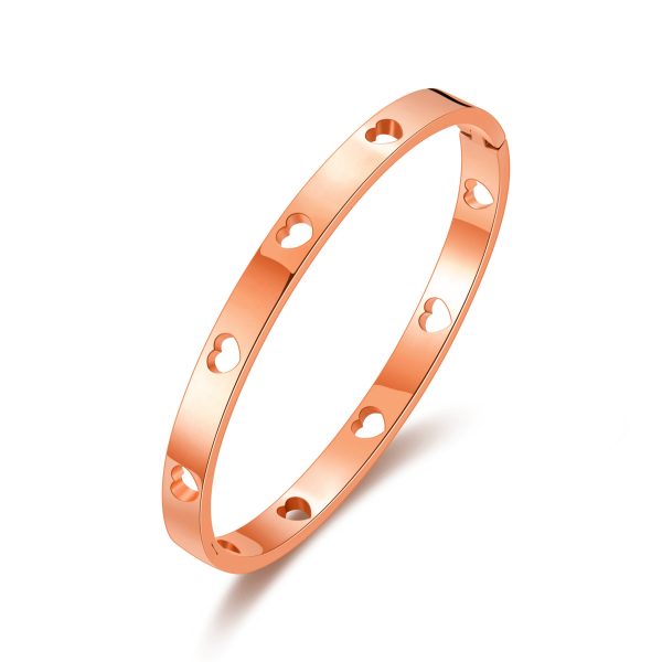 Rose Gold Plated Stainless Steel Heart Bangle (7 Inch)