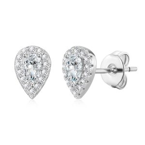 Silver Plated Pear Halo Earrings Created with Zircondia® Crystals