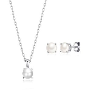 Sterling Silver June (Pearl) Birthstone Necklace & Earrings Set Created with Zircondia® Crystals