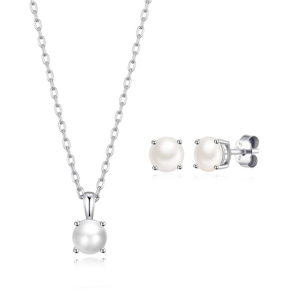 Sterling Silver June (Pearl) Birthstone Necklace & Earrings Set Created with Zircondia® Crystals