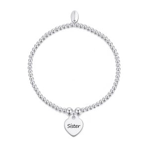 Sister Heart Charm Beaded Stretch Bracelet