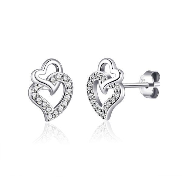 Sterling Silver Double Heart Earrings Created with Zircondia® Crystals