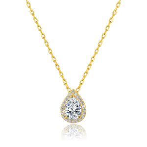 Gold Plated Pear Halo Necklace Created with Zircondia® Crystals