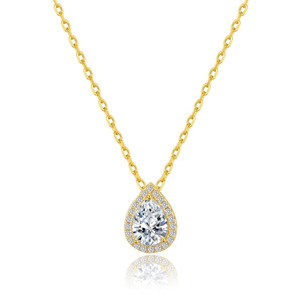 Gold Plated Pear Halo Necklace Created with Zircondia® Crystals