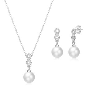 Silver Plated Infinity Pearl Drop Set Created with Zircondia® Crystals