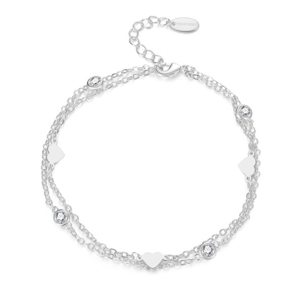 Silver Plated Layered Heart Anklet Created with Zircondia® Crystals