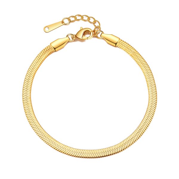 Gold Plated Stainless Steel Herringbone Flat Snake Chain Bracelet