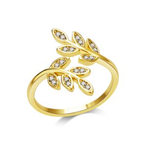 Gold Plated Adjustable Leaf Ring Created with Zircondia® Crystals