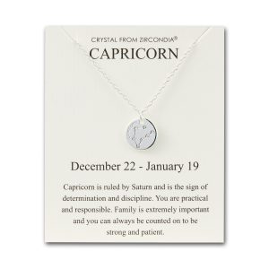 Rhodium Plated Capricorn Zodiac Star Sign Disc Necklace Created with Zircondia® Crystals