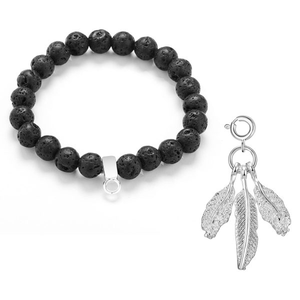 Feathers Lava Rock Gemstone Charm Bracelet