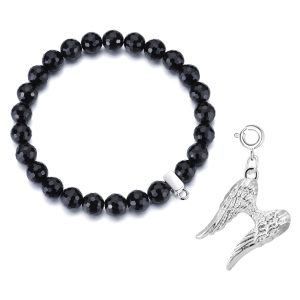 Faceted Black Onyx Gemstone Stretch Bracelet with Charm Created with Zircondia® Crystals