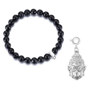 Faceted Black Onyx Gemstone Stretch Bracelet with Charm Created with Zircondia® Crystals