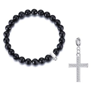 Faceted Black Onyx Gemstone Stretch Bracelet with Charm Created with Zircondia® Crystals