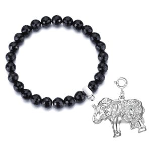 Faceted Black Onyx Gemstone Stretch Bracelet with Charm Created with Zircondia® Crystals