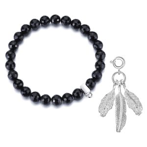 Faceted Black Onyx Gemstone Stretch Bracelet with Charm Created with Zircondia® Crystals