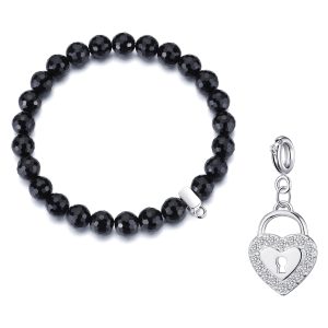 Faceted Black Onyx Gemstone Stretch Bracelet with Charm Created with Zircondia® Crystals