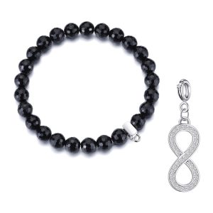 Faceted Black Onyx Gemstone Stretch Bracelet with Charm Created with Zircondia® Crystals