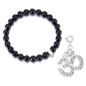 Faceted Black Onyx Gemstone Stretch Bracelet with Charm Created with Zircondia® Crystals