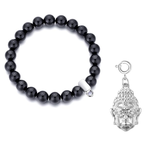 Black Onyx Gemstone Stretch Bracelet with Charm Created with Zircondia® Crystals