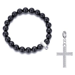 Black Onyx Gemstone Stretch Bracelet with Charm Created with Zircondia® Crystals