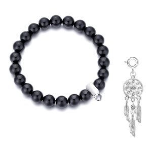 Black Onyx Gemstone Stretch Bracelet with Charm Created with Zircondia® Crystals