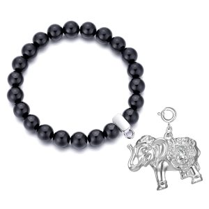 Black Onyx Gemstone Stretch Bracelet with Charm Created with Zircondia® Crystals