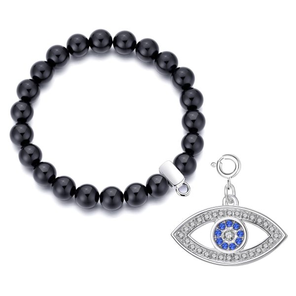 Black Onyx Gemstone Stretch Bracelet with Charm Created with Zircondia® Crystals