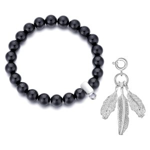 Black Onyx Gemstone Stretch Bracelet with Charm Created with Zircondia® Crystals