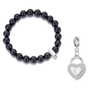 Black Onyx Gemstone Stretch Bracelet with Charm Created with Zircondia® Crystals