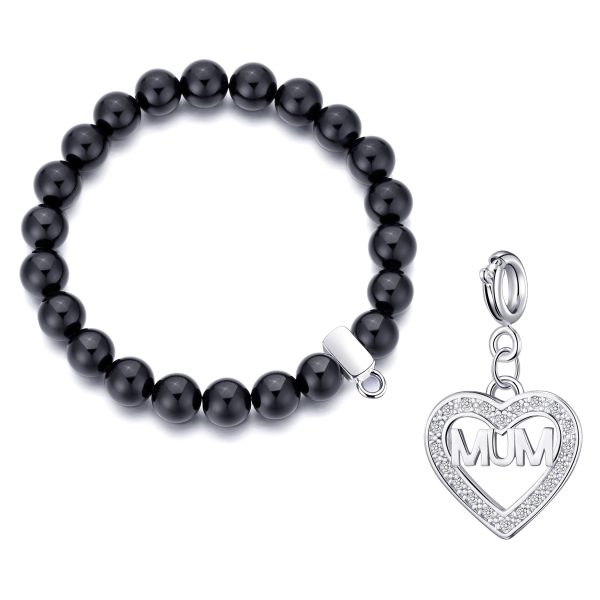 Black Onyx Gemstone Stretch Bracelet with Charm Created with Zircondia® Crystals