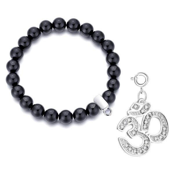 Black Onyx Gemstone Stretch Bracelet with Charm Created with Zircondia® Crystals