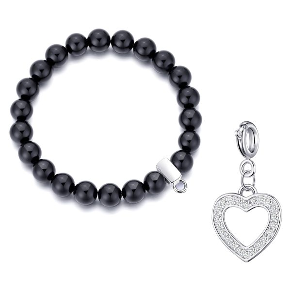 Black Onyx Gemstone Stretch Bracelet with Charm Created with Zircondia® Crystals