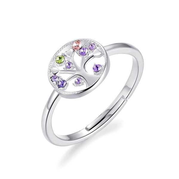 Silver Plated Chakra Tree of Life Ring Created with Zircondia® Crystals