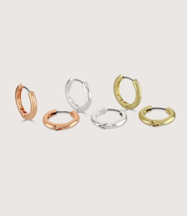 SILVER, GOLD AND ROSE GOLD SET OF THREE HOOP EARRINGS