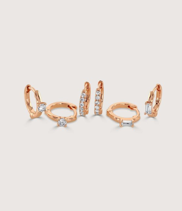 GOLD AND CRYSTAL HUGGIE EARRING SET OF THREE