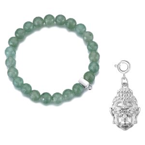 Faceted Green Aventurine Gemstone Stretch Bracelet with Charm Created with Zircondia® Crystals