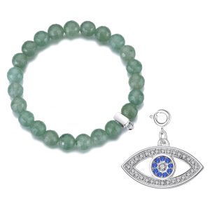 Faceted Green Aventurine Gemstone Stretch Bracelet with Charm Created with Zircondia® Crystals