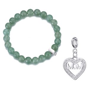 Faceted Green Aventurine Gemstone Stretch Bracelet with Charm Created with Zircondia® Crystals