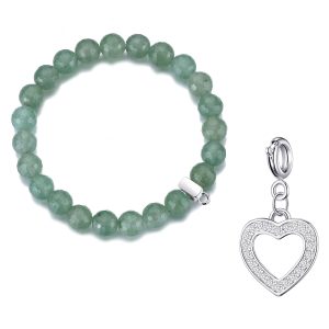 Faceted Green Aventurine Gemstone Stretch Bracelet with Charm Created with Zircondia® Crystals